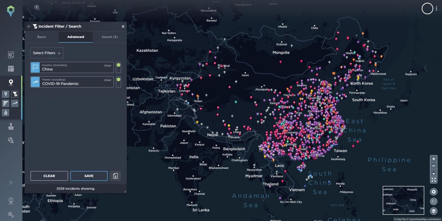 Map showing the COVID-19 related incidents across China since January 2020